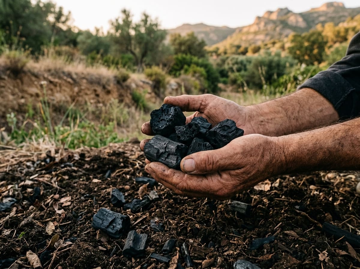 Hands holding porous pieces of biochar above dark soil