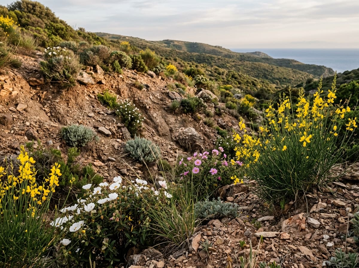 Broom and rockrose colonising bare, stony ground