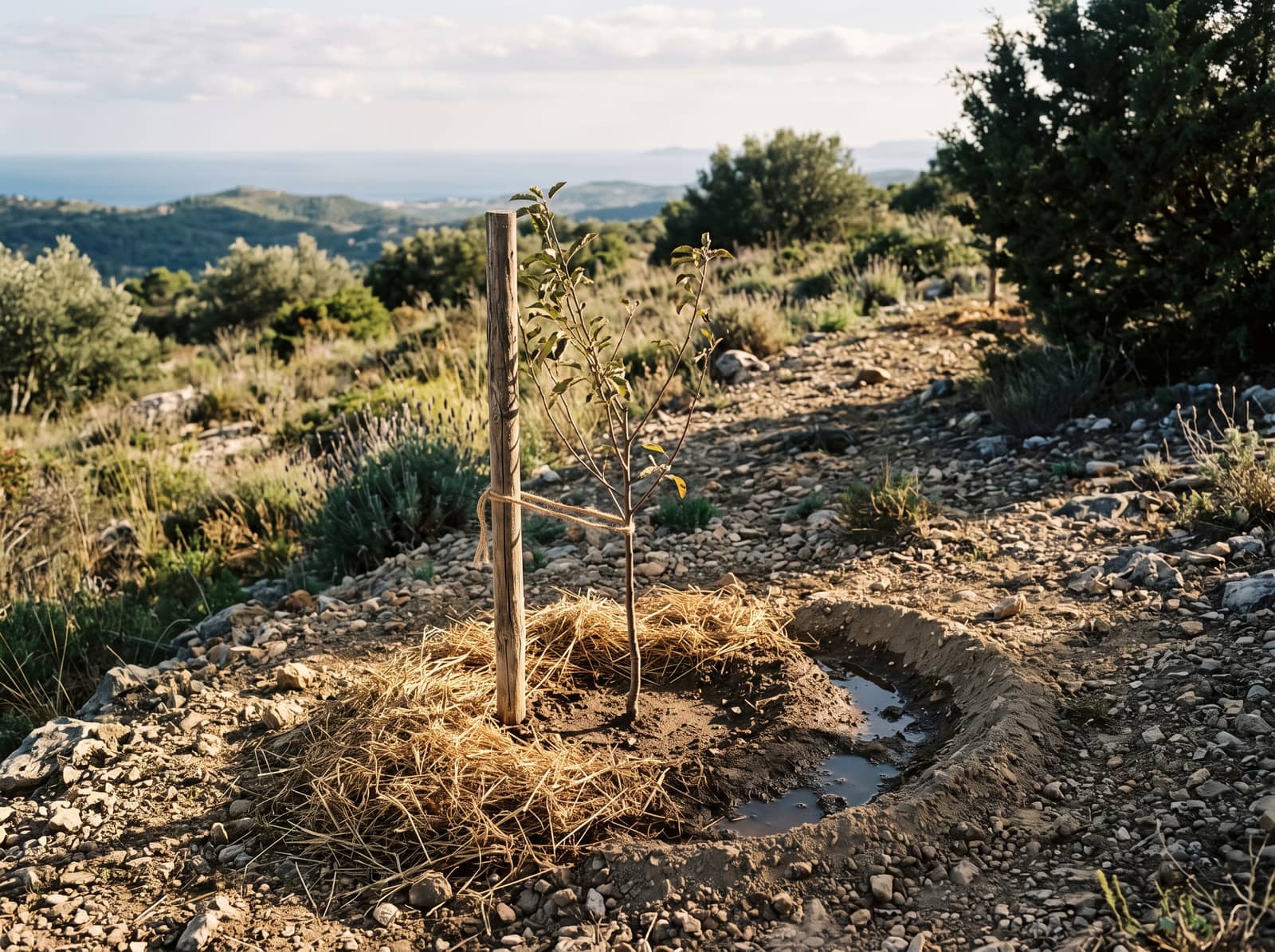 Un giovane albero da frutto appena piantato su un pendio mediterraneo sassoso, un argine di terra a mezzaluna che trattiene acqua piovana, pacciame di paglia lontano dal tronco, un tutore con legatura morbida e un arbusto sempreverde vicino