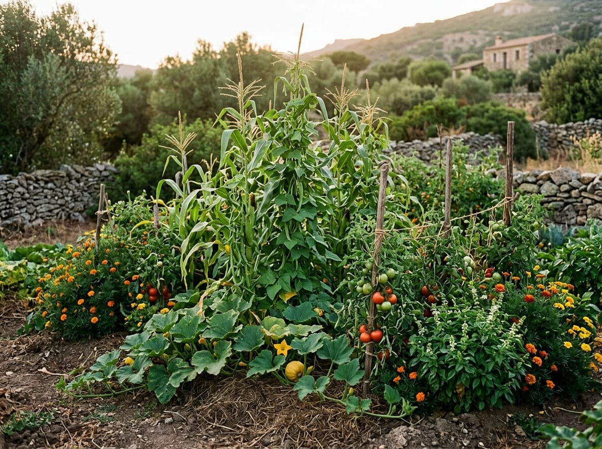 Mixed bed with beans on maize, squash, tomatoes and basil