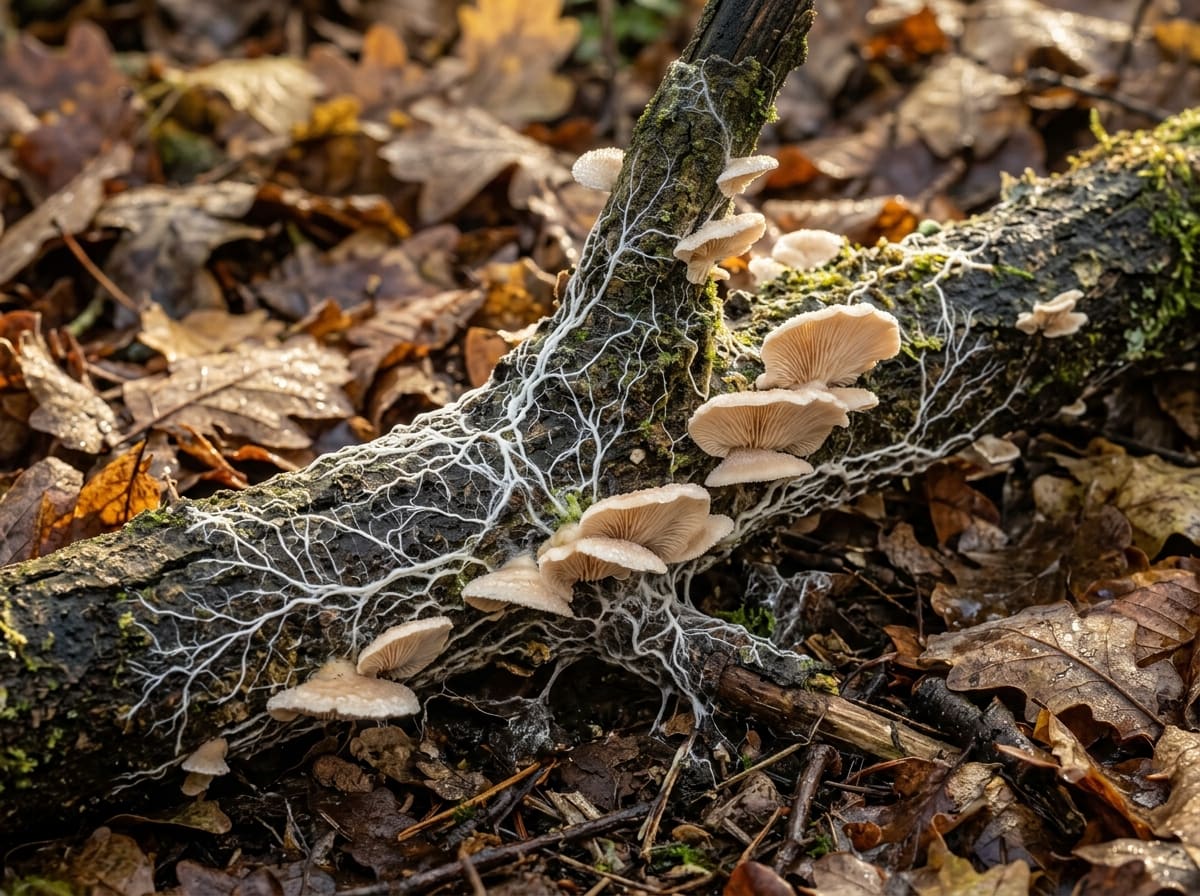 Pale fungi and white threads spreading over a fallen branch in leaf litter