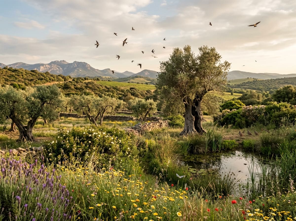 Olive grove with flowering hedgerows, field margins, a pond and old trees