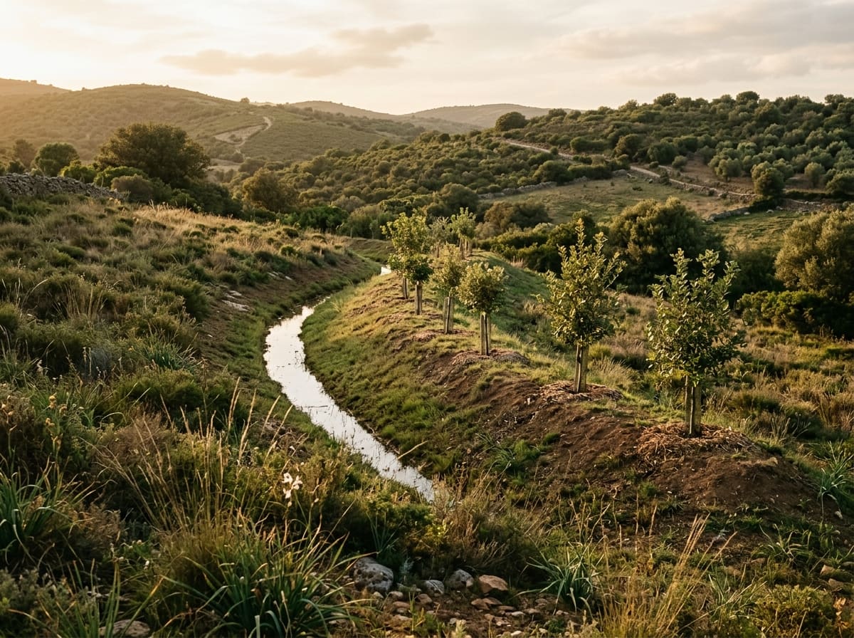Swale on a slope after rain, water in the ditch and trees on the berm