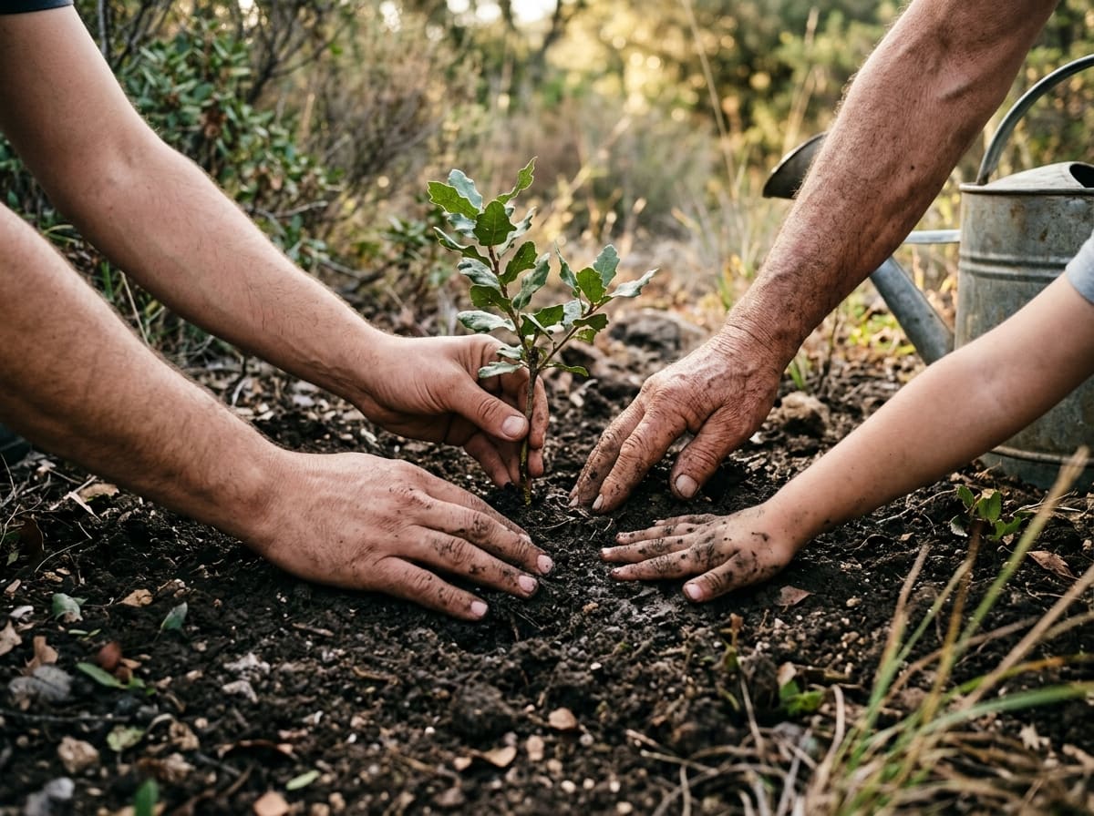 Several hands planting a young tree together