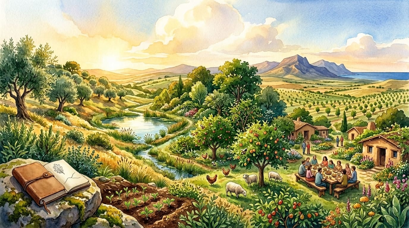 Painted landscape as a journey: a notebook on a rock and a seedbed, olive trees on a slope, a pond and a stream, a food forest with chickens and sheep, people at a long table and a wide plain turning green