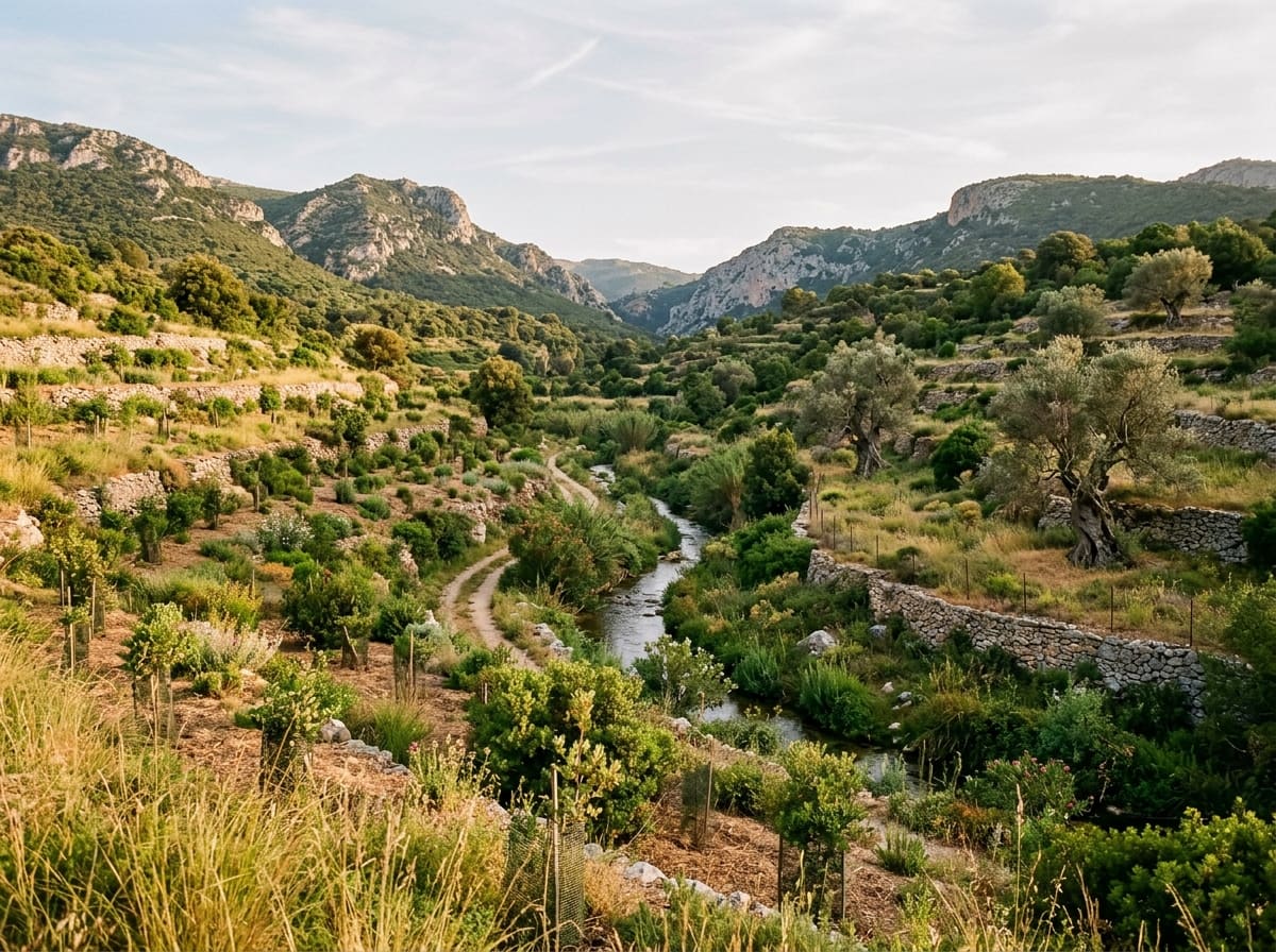 Mediterranean valley with young trees, shrubs and a green stream