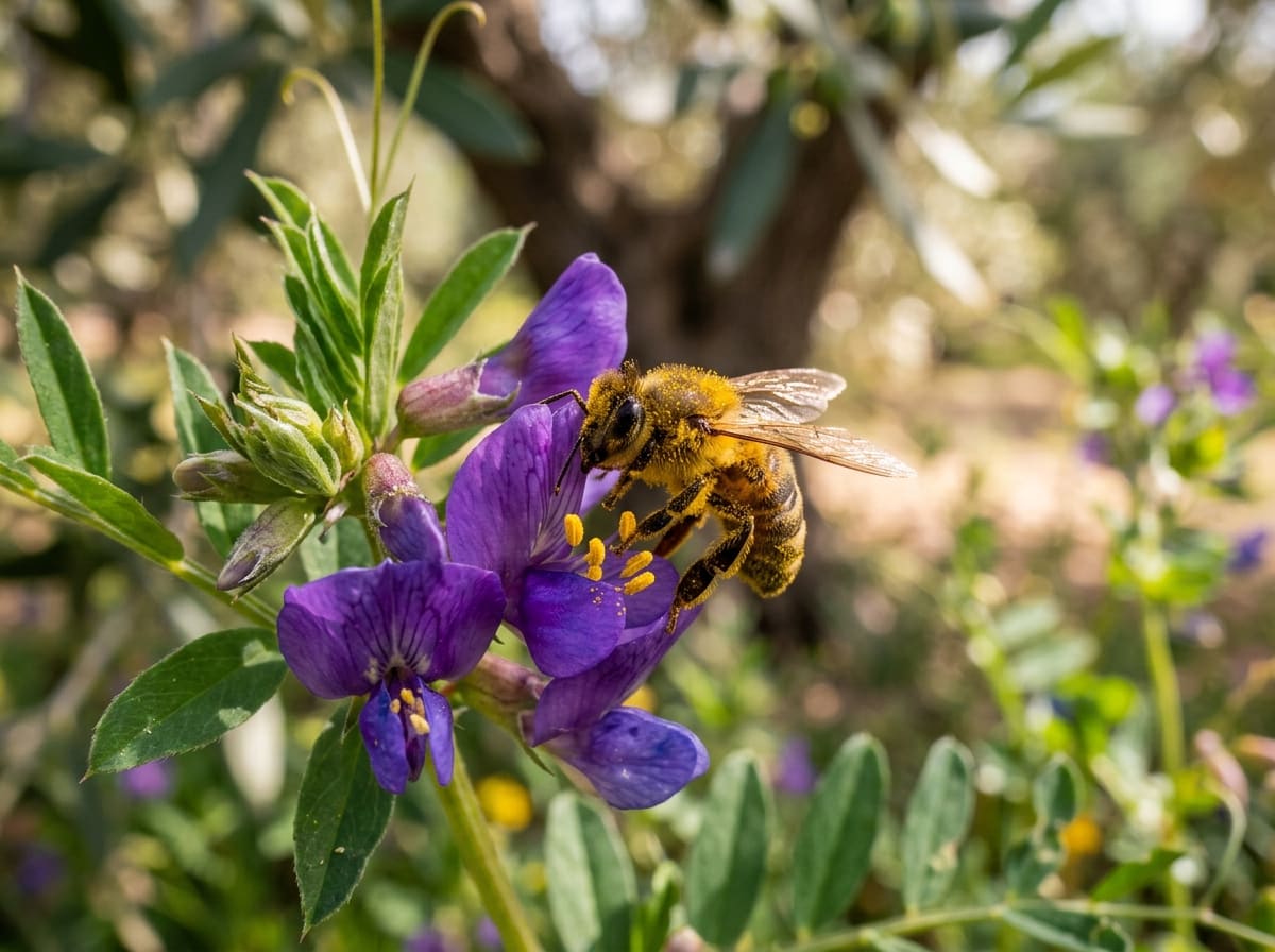 A pollen-dusted bee on a purple flowering legume in the shade of an old olive tree