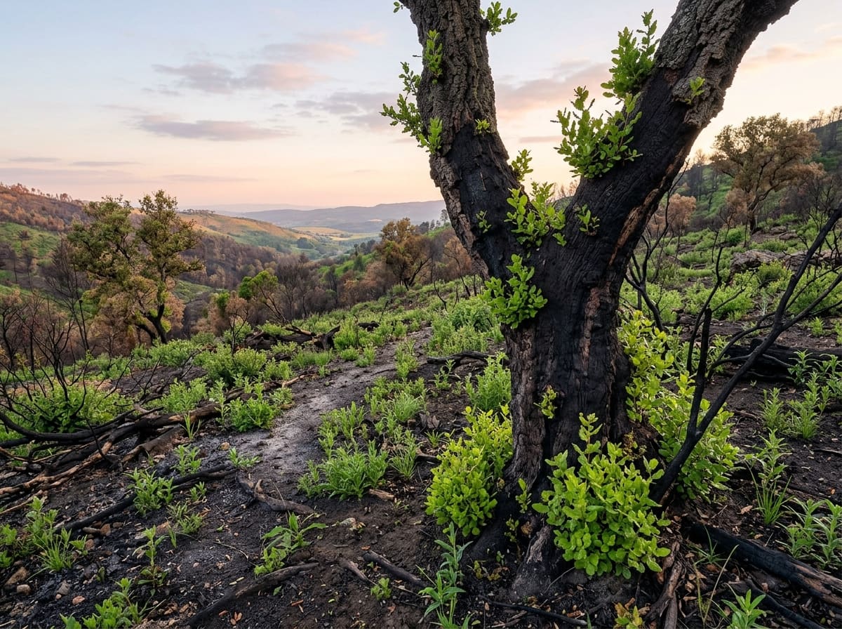 Mediterranean hillside after fire: a cork oak resprouting from its charred trunk, young plants rising from the ash