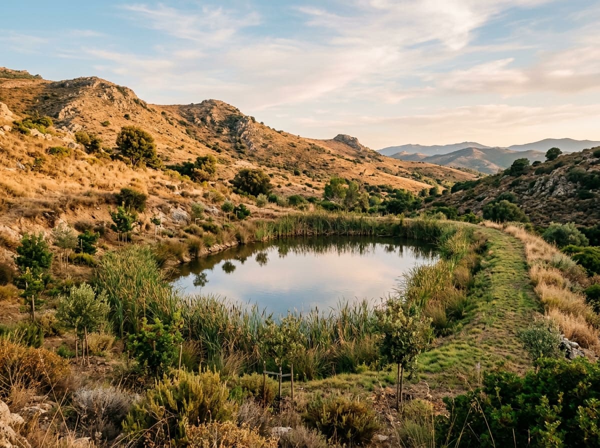 A small pond in a fold of the hillside, held by a grassed earth dam, with reeds along the shore