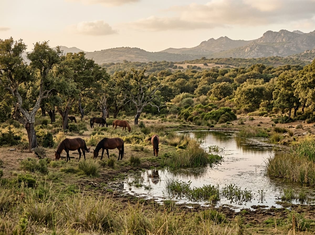 Wild horses grazing in an open cork oak woodland