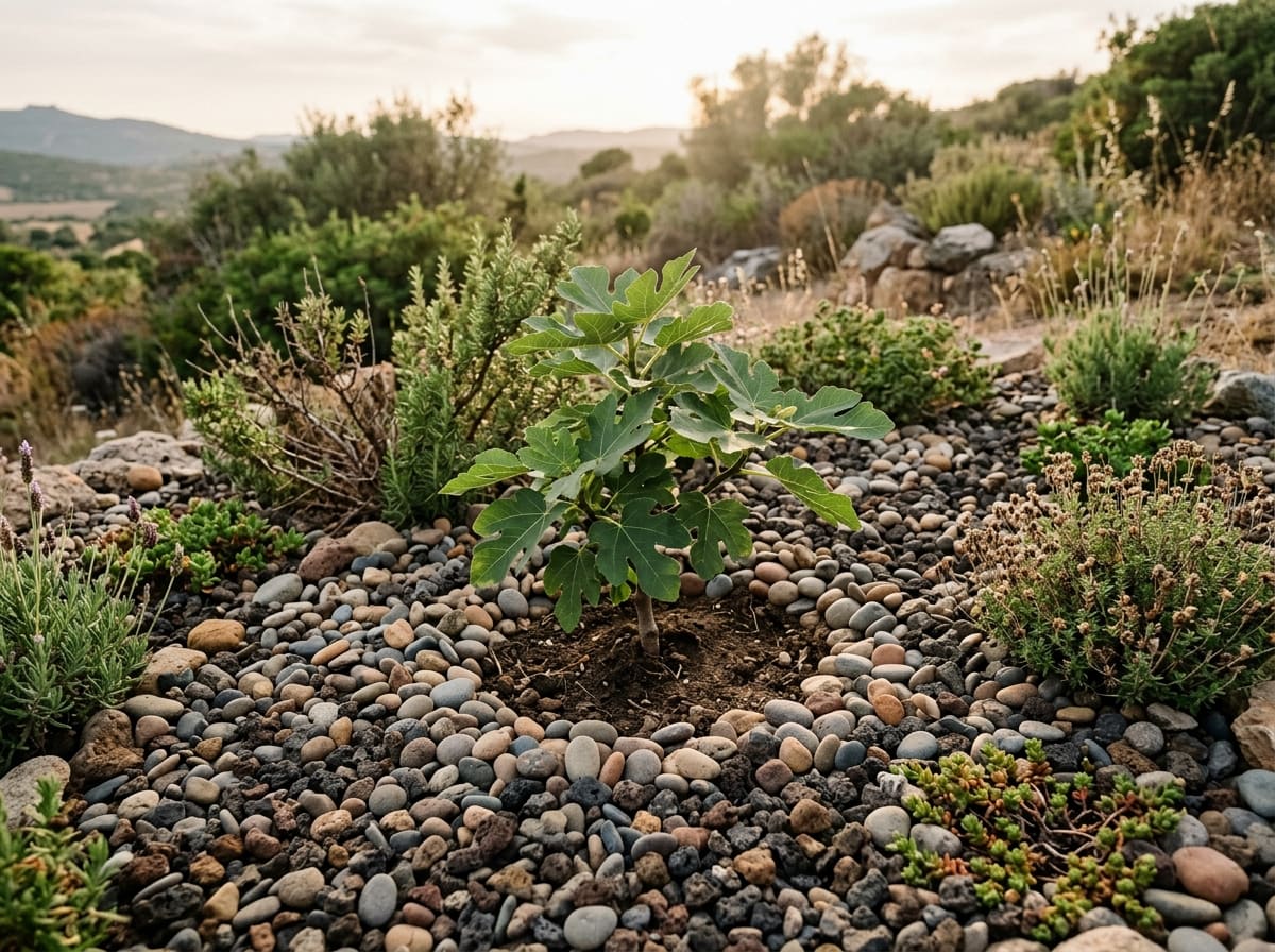 A young fig and drought-hardy plants in a bed whose soil is covered with stones and dark gravel