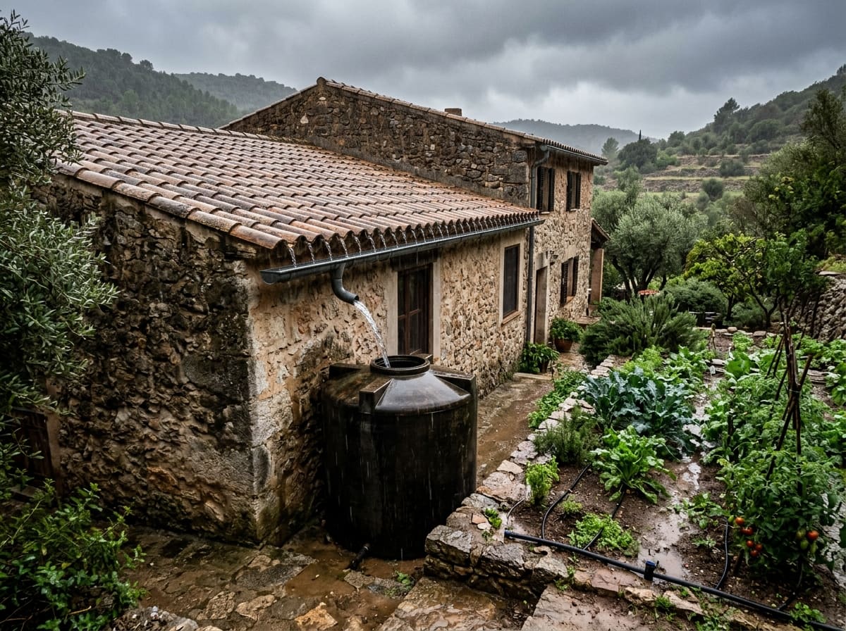 Rain running from the tiled roof of a rural stone house through gutter and downpipe into a dark, shaded rainwater tank beside a vegetable garden