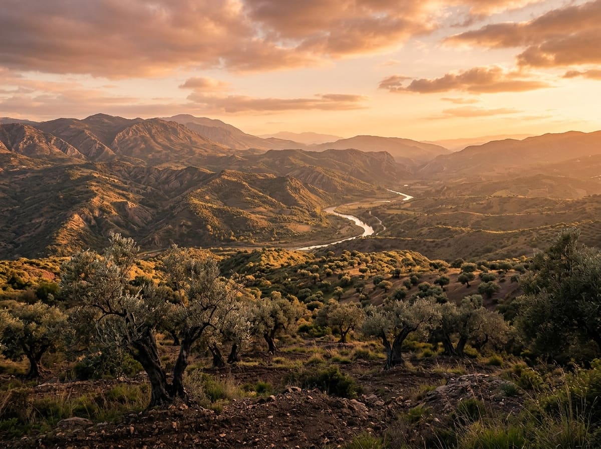 Mediterranean landscape at golden hour, from mountains and sky through ridges and a river to old olive trees and dark soil