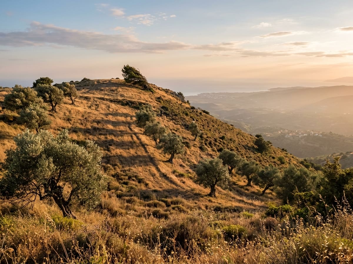 Mediterranean hillside in evening light, long shadows of olive trees, a wind-bent pine on the ridge, haze over the valley and the sea