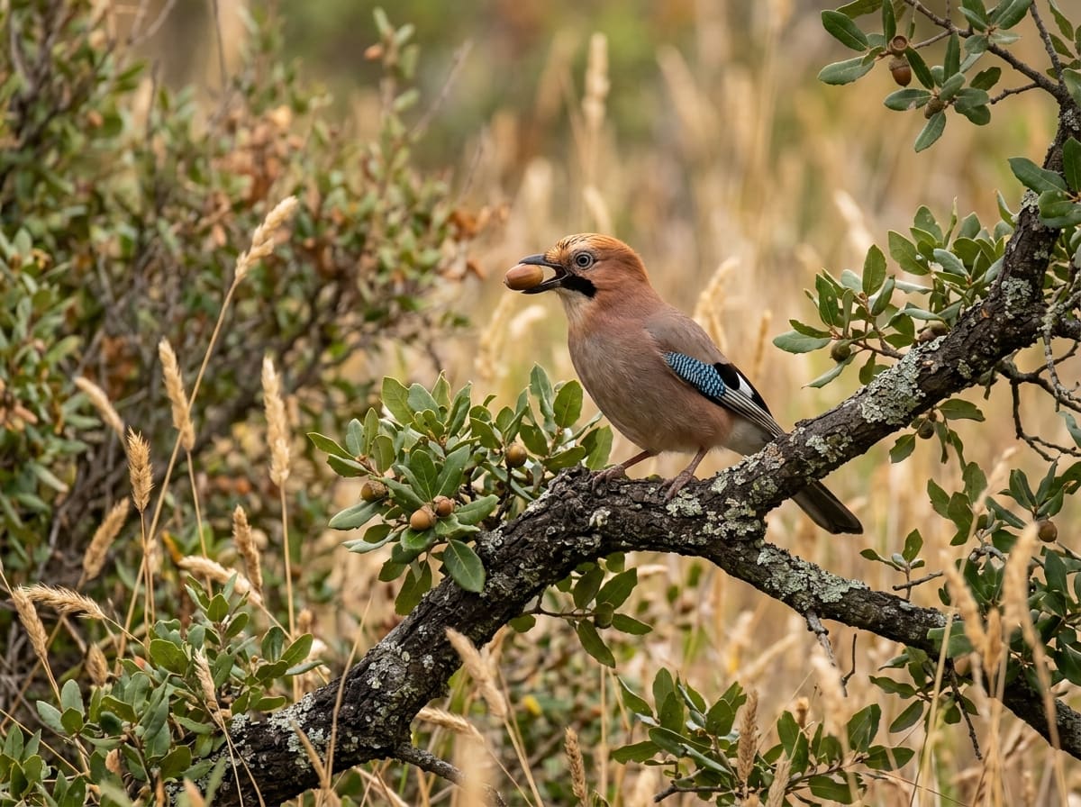 A Eurasian jay holds an acorn on a holm oak branch, with maquis behind it in autumn light