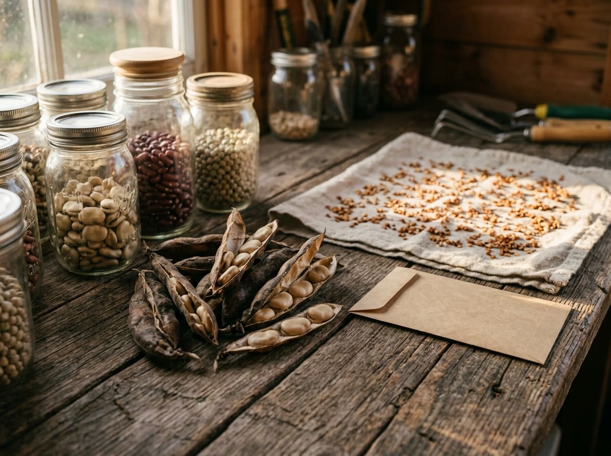 Dry broad bean pods splitting open beside jars of beans and seeds drying on a linen cloth