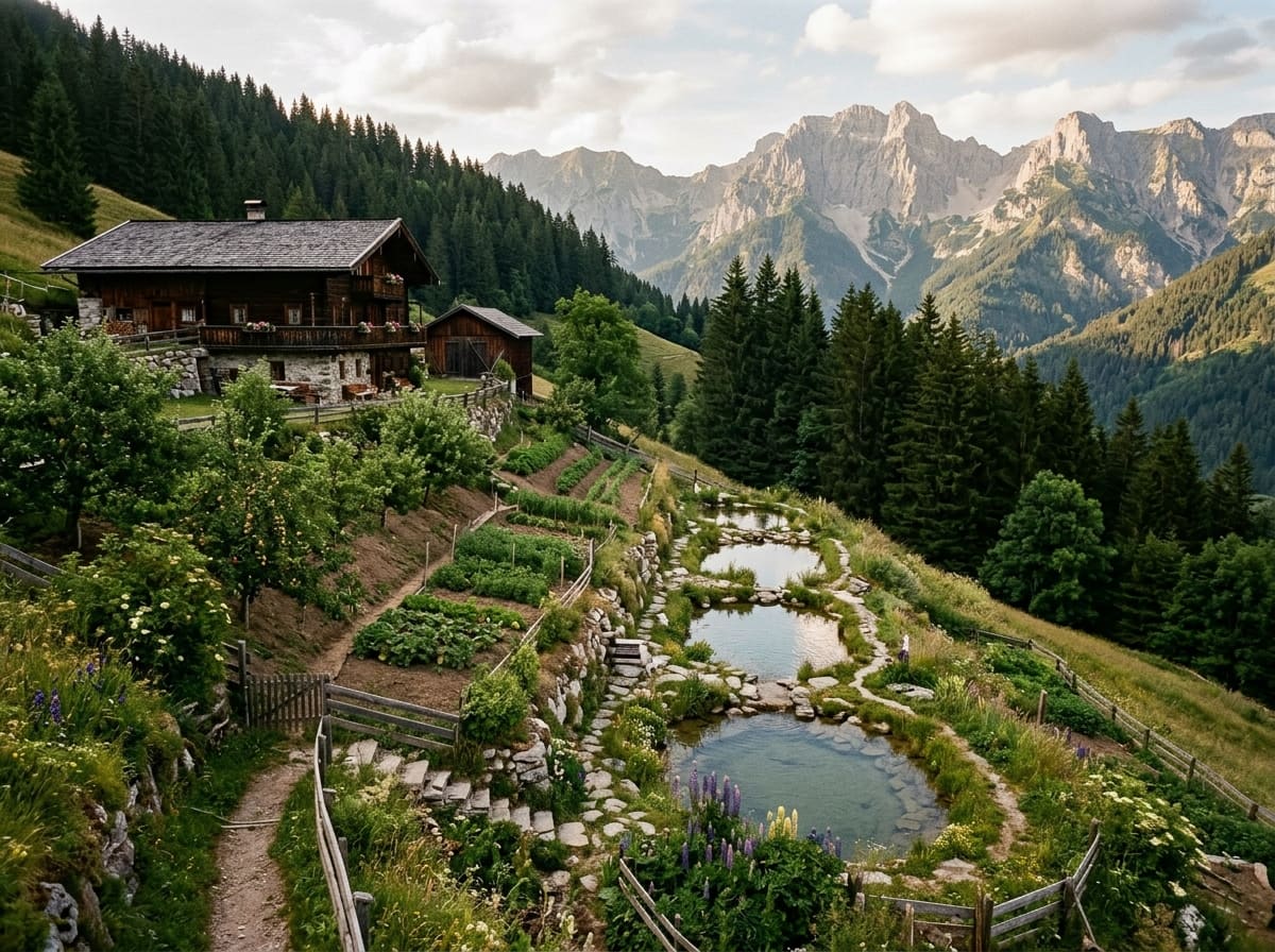 Steep mountain farm with earth terraces, fruit trees and several ponds on the slope