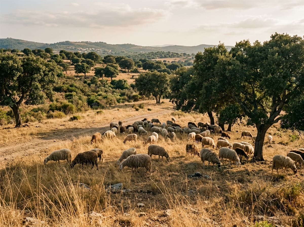 Sheep grazing in the shade of cork oaks on a wooded pasture
