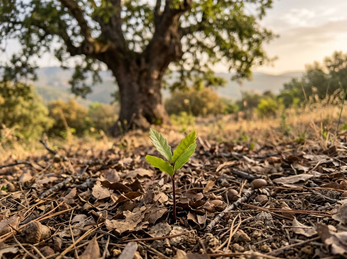 A tiny oak seedling in leaf litter, an old oak blurred behind it
