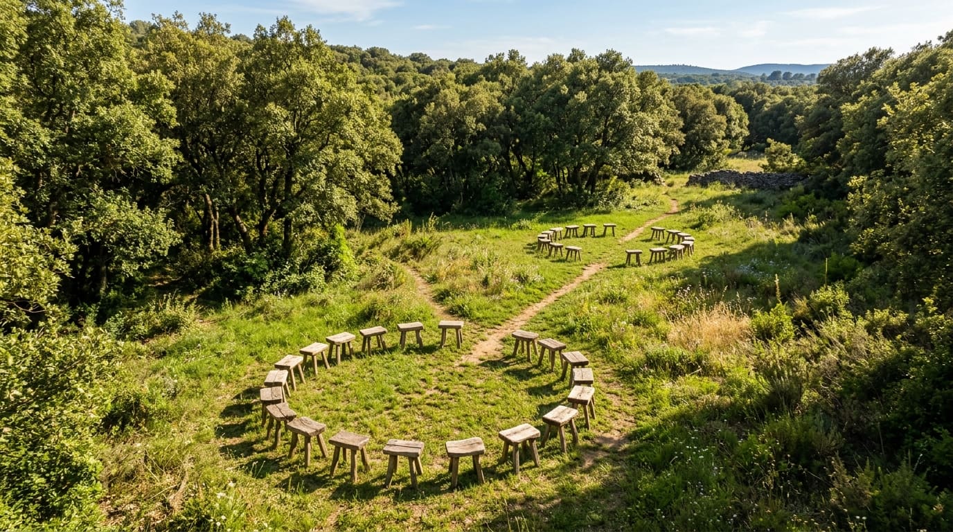 Visti dall'alto: cerchi di sgabelli di legno in una radura in un bosco di querce, collegati tra loro da stretti sentieri