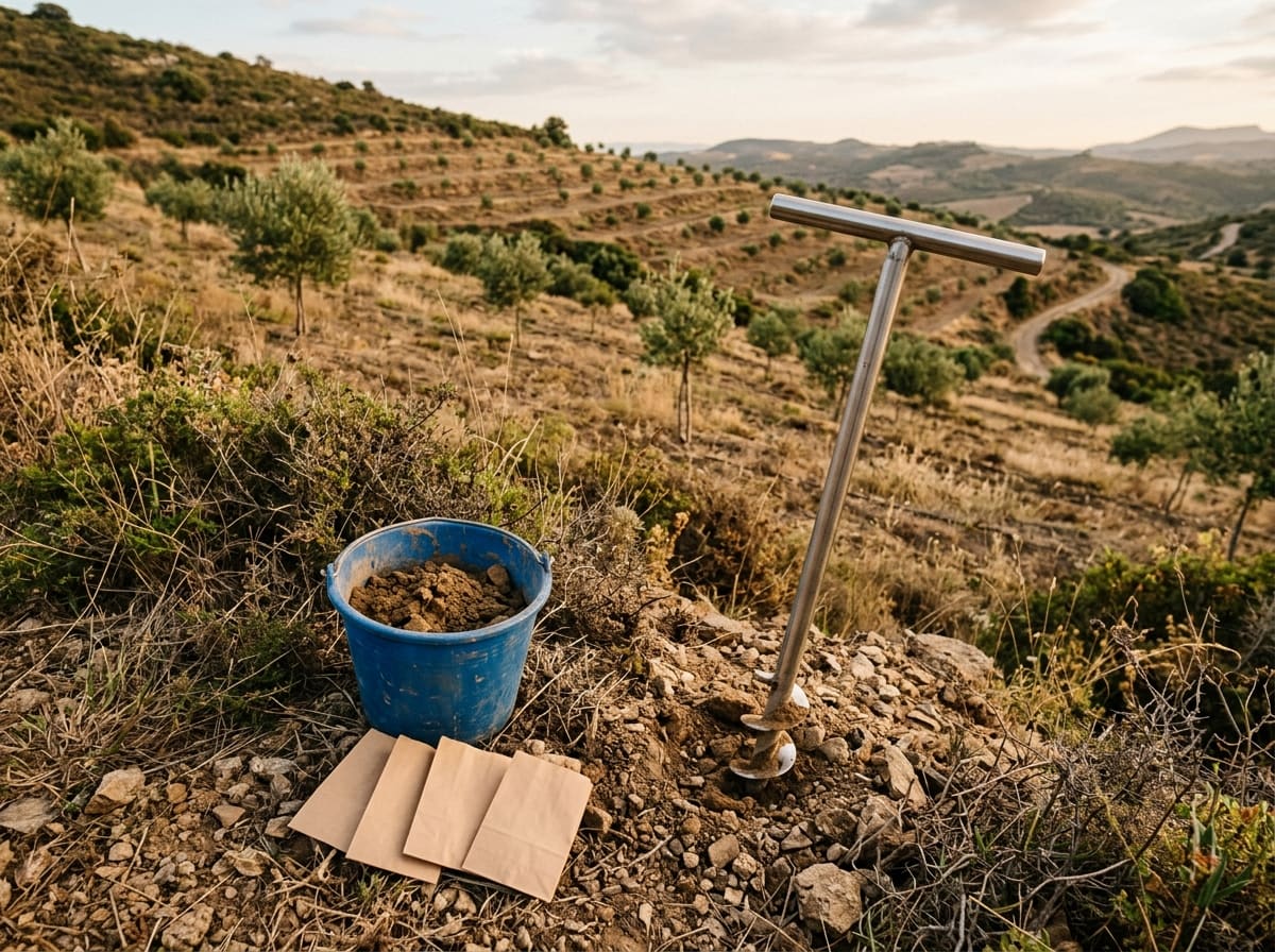 A soil auger in the slope, a bucket with a mixed sample and empty sample bags