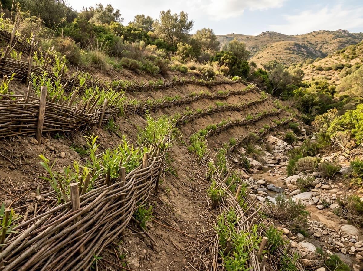 Wattle fences and sprouting willow cuttings securing a steep bank