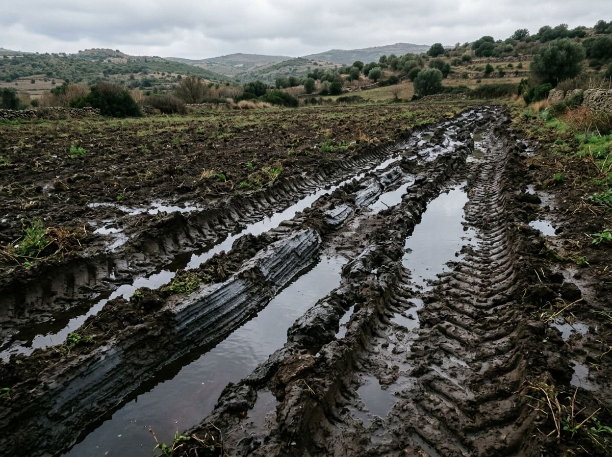 Deep tractor ruts in a wet field where rainwater stands instead of soaking in