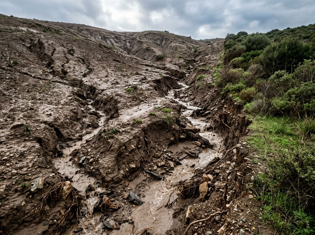 Erosion gullies on a bare slope after heavy rain, with muddy runoff