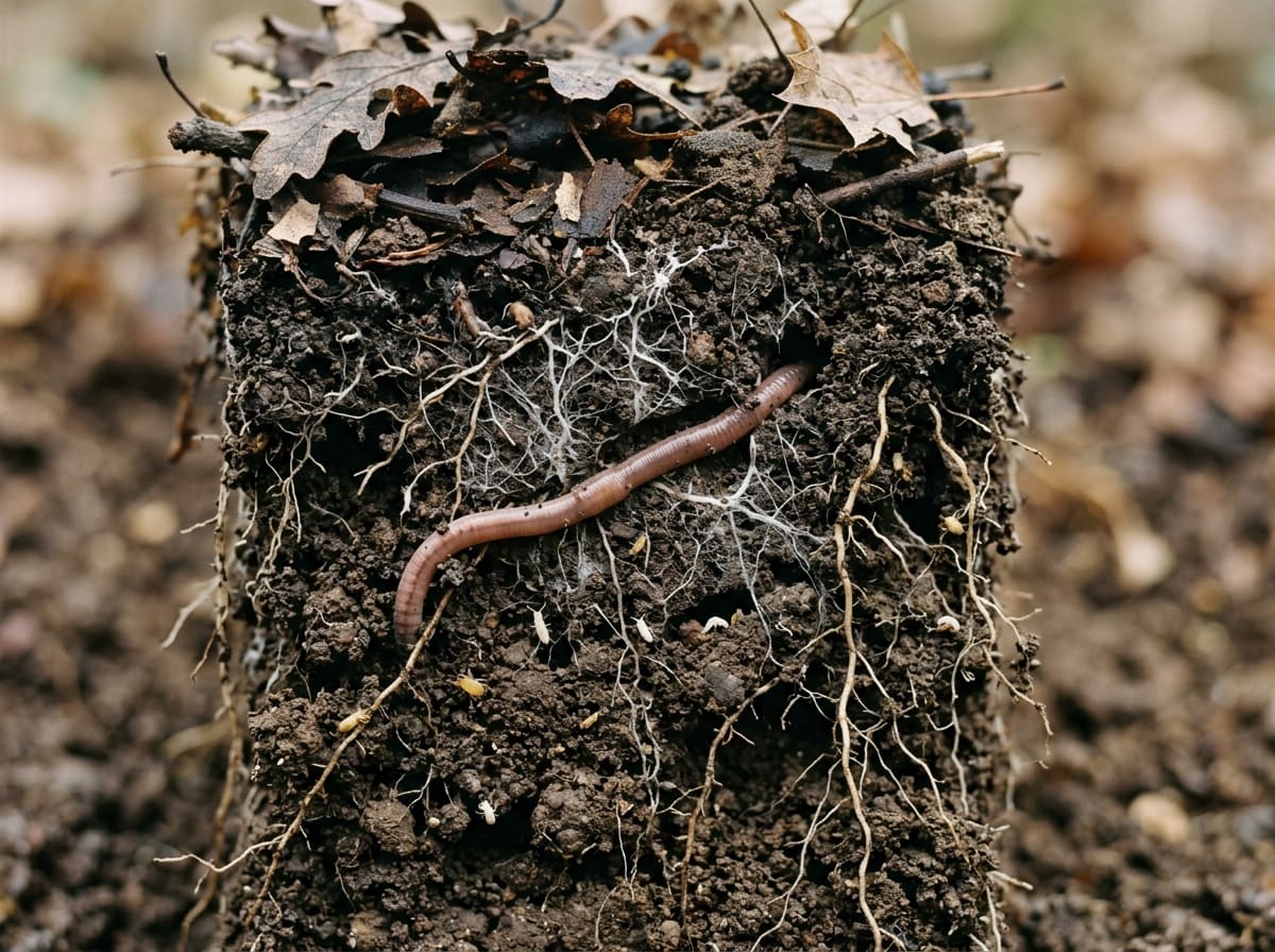 A cut through living topsoil with roots, white fungal threads and an earthworm beneath a layer of leaves