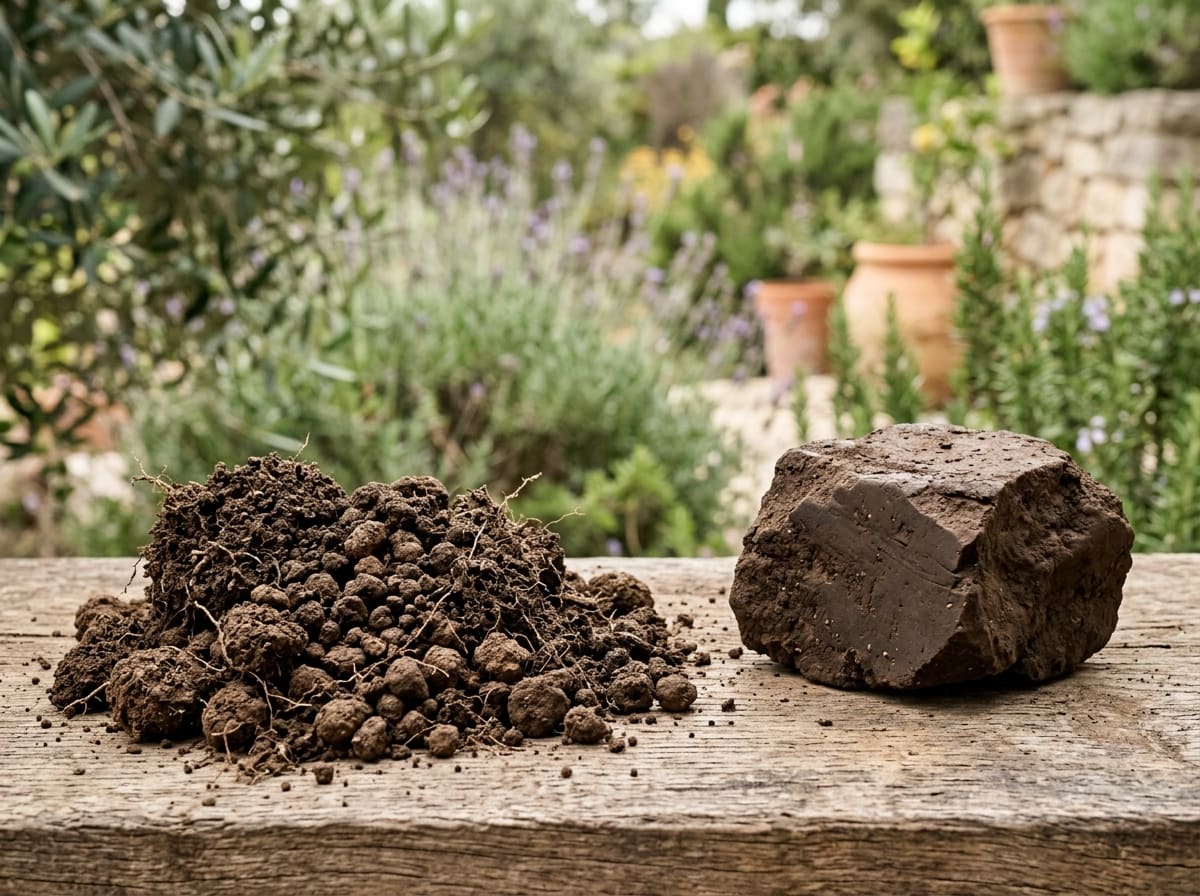 Crumbly, living soil next to a dense, smooth clod of compacted earth
