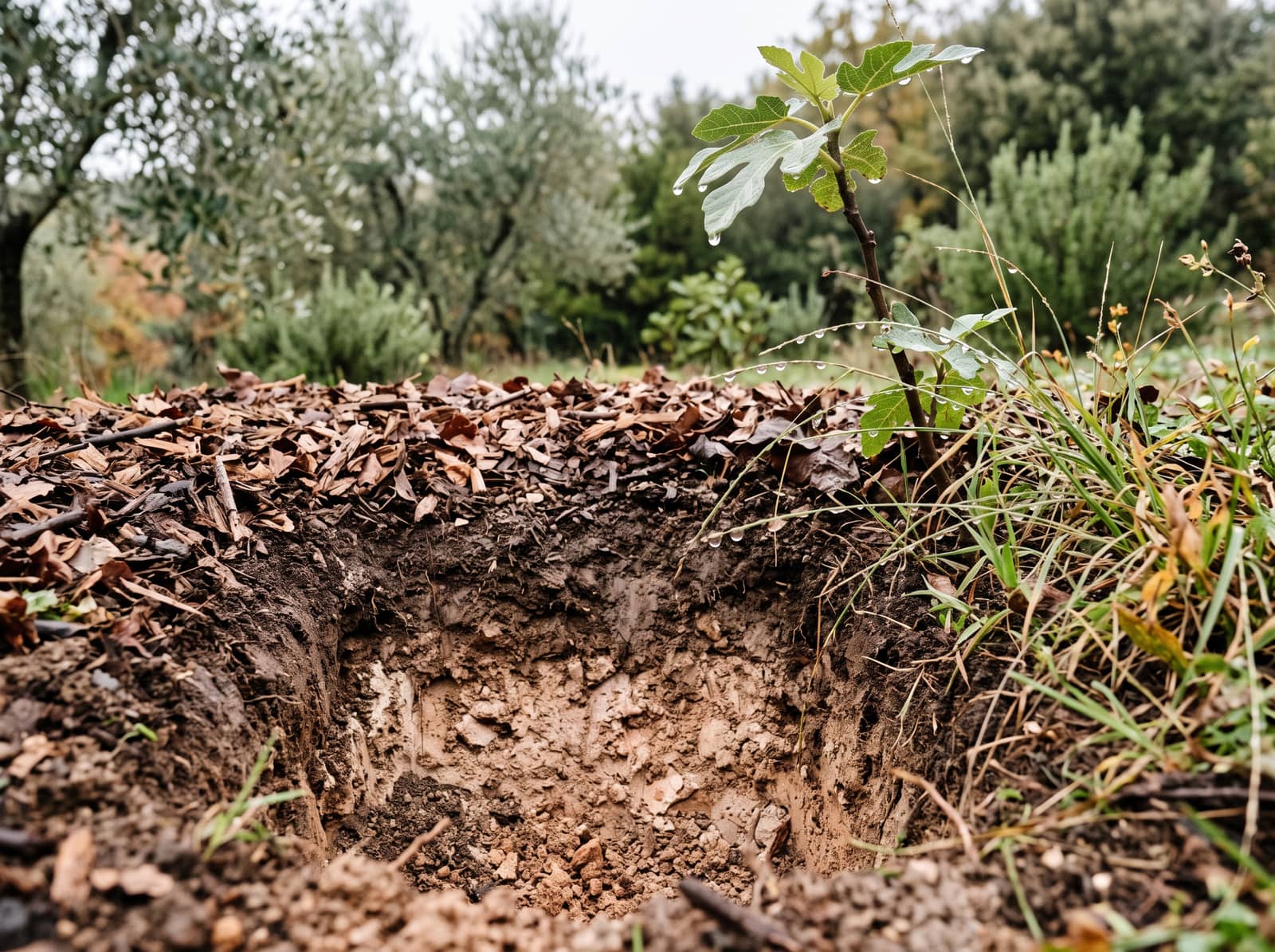 Freshly dug soil profile at the edge of a mulched planting in late autumn: dark, moist topsoil under chopped leaves and twigs, paler, drier soil further down, raindrops on a young fig tree