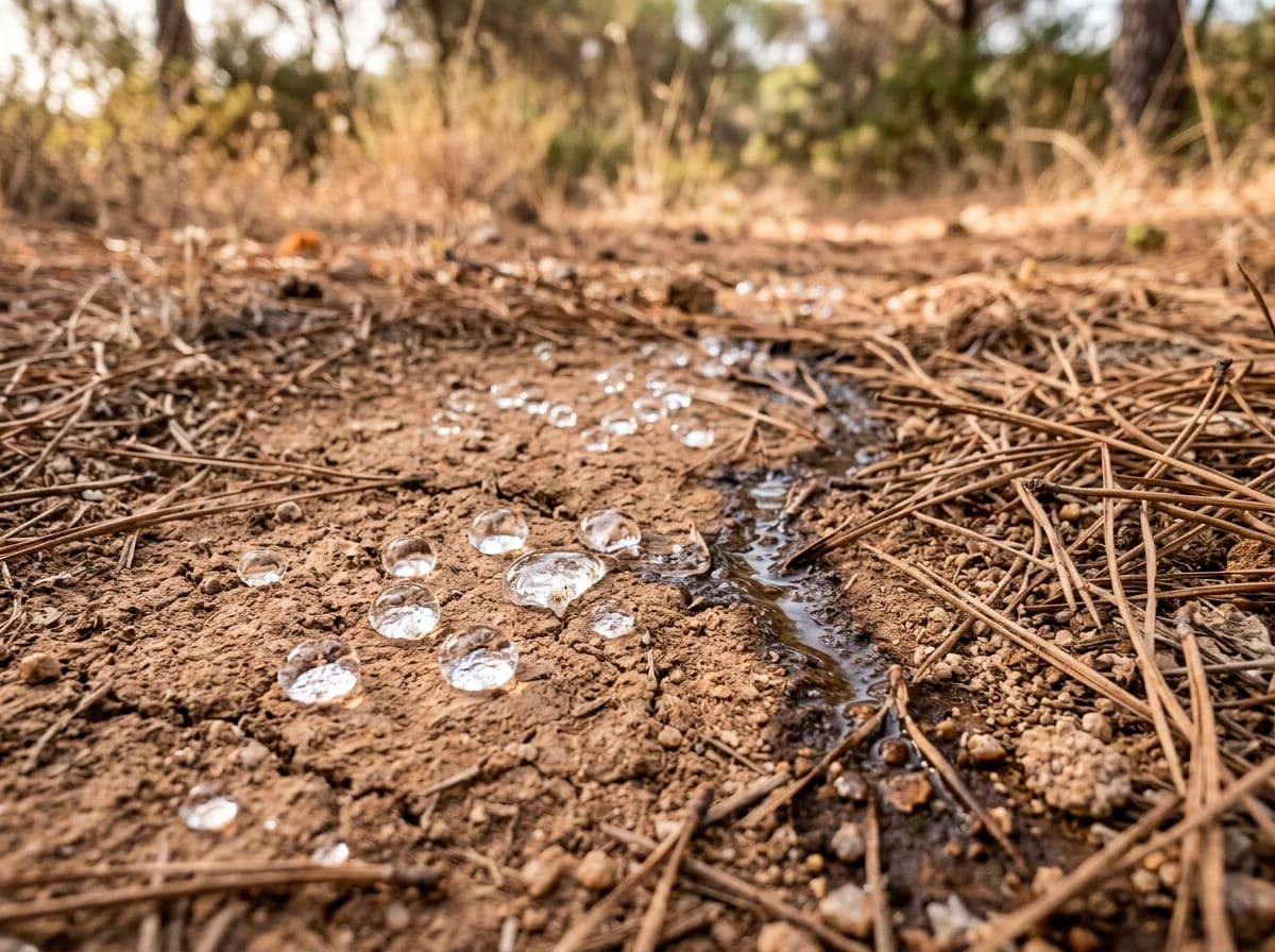 Water drops beading on parched soil instead of soaking in