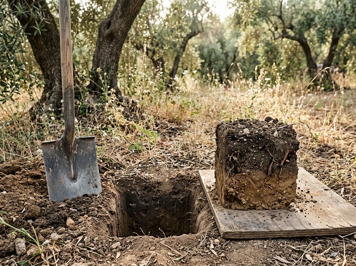 A block of soil lifted out beside the spade hole, with crumbly topsoil, roots and a denser layer below
