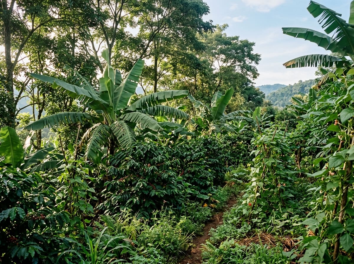Lush home garden on a mountain slope in several layers: tall trees, banana plants, shrubs and climbing beans