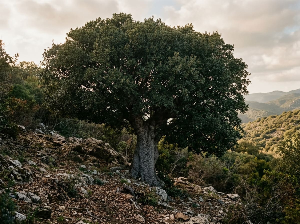 Old holm oak with a dense, dark crown over stony ground