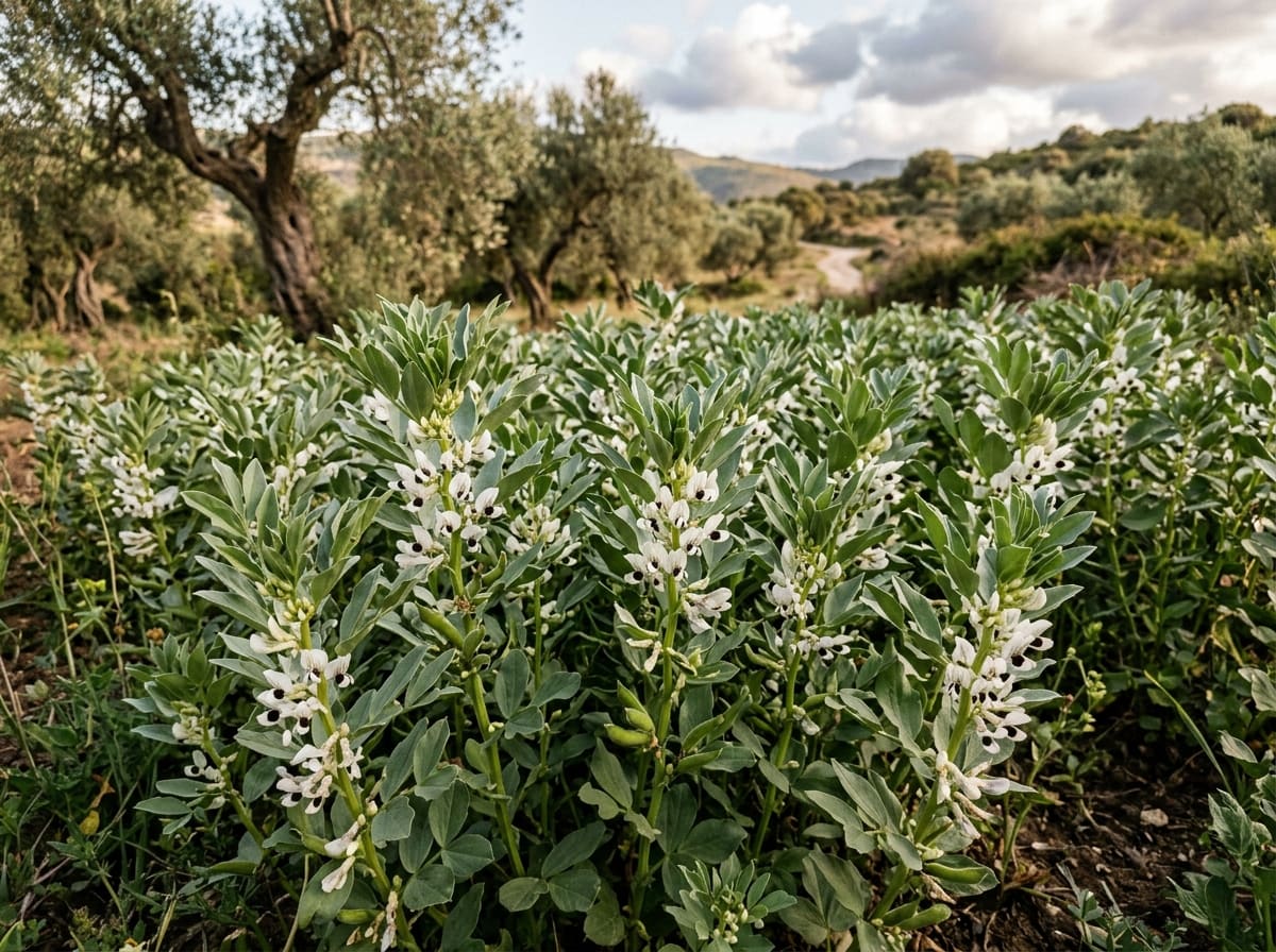 Blühende Favabohnen zwischen alten Olivenbäumen im Frühling