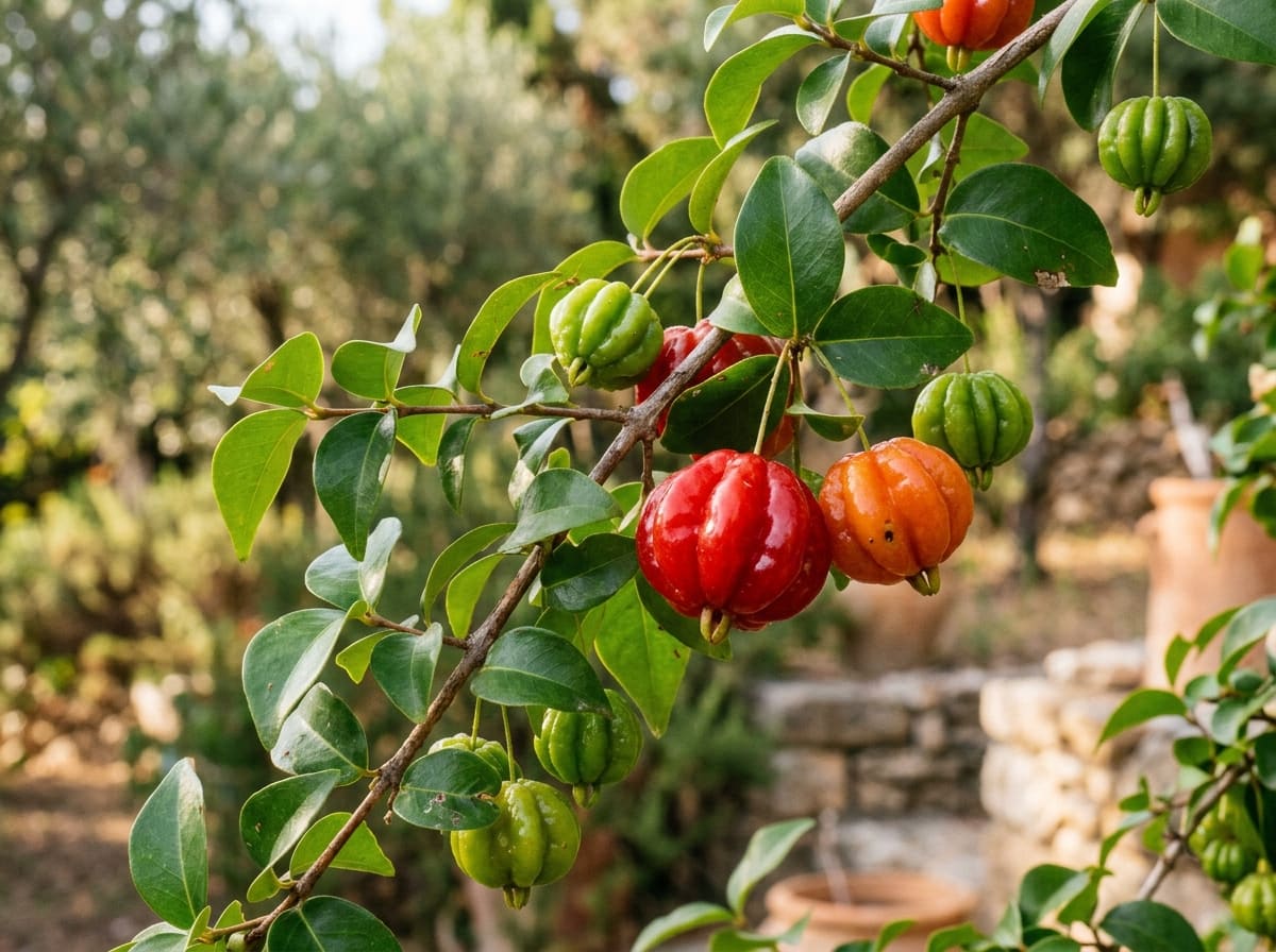Surinam cherry branch with glossy leaves and ribbed fruits in green, orange and red