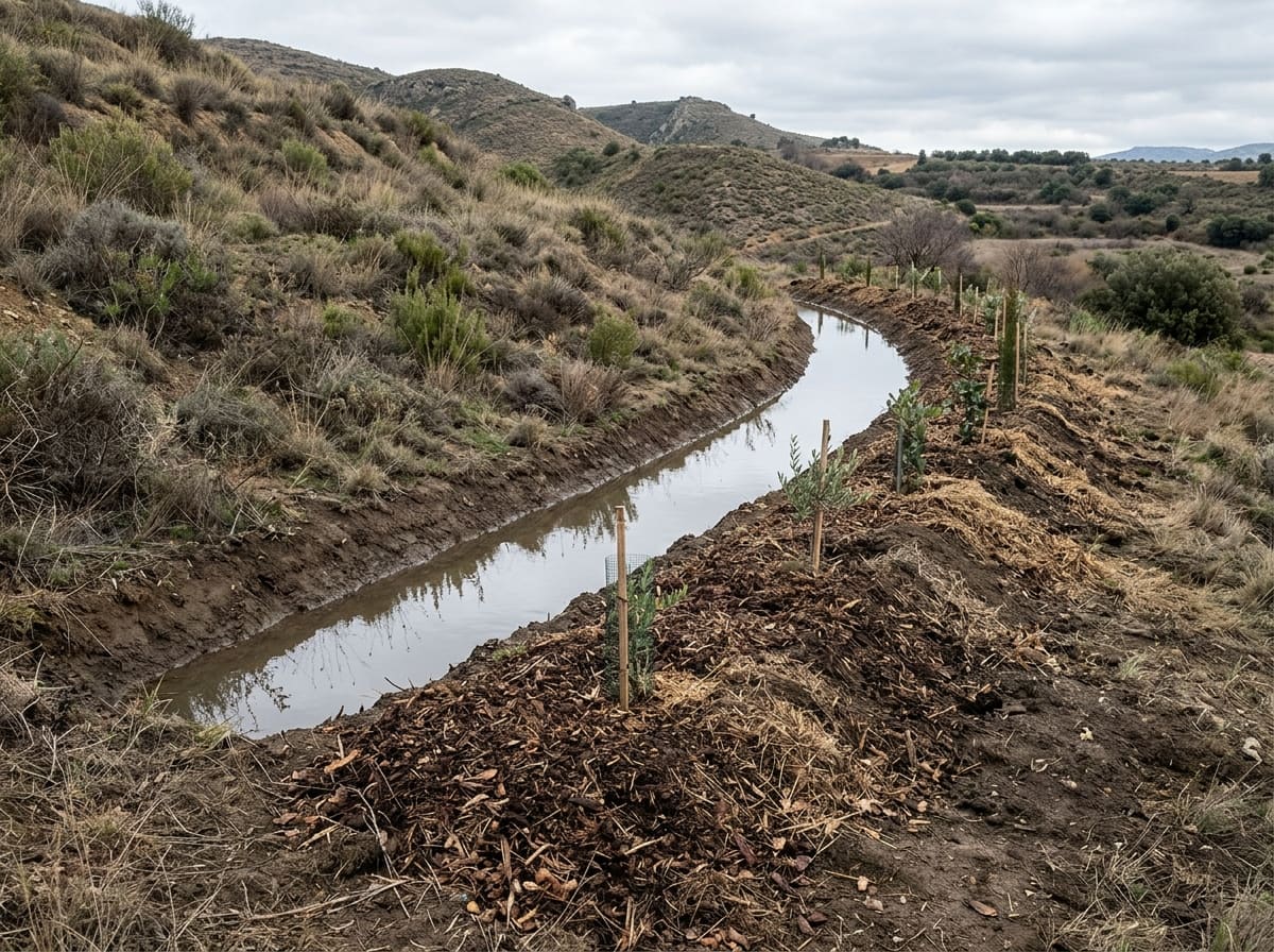 A level ditch along the contour of a dry hillside holding rainwater evenly, with a mulched earth bank of young trees below it