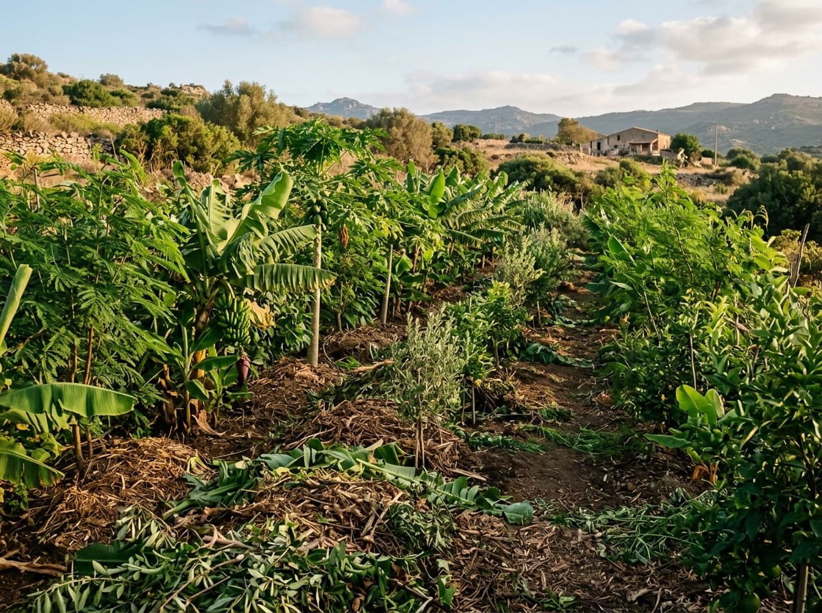 Dense planting rows with bananas, papaya and young trees, prunings as mulch