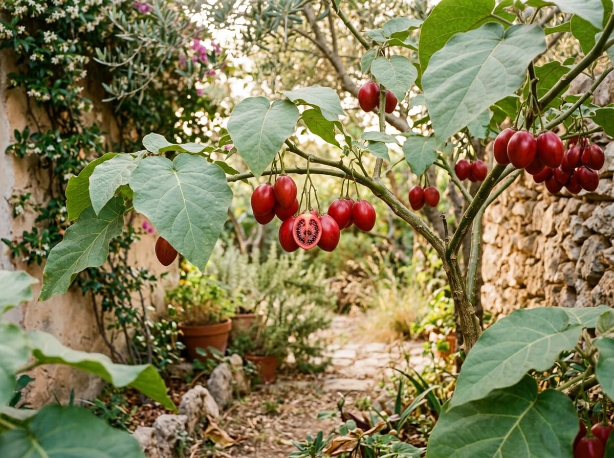 Young tamarillo with large soft leaves and hanging red egg-shaped fruits