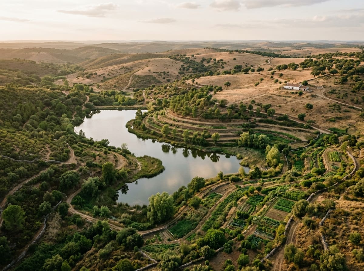 Aerial view of a water retention landscape in dry hill country: a lake in a valley, surrounded by terraces and young woodland