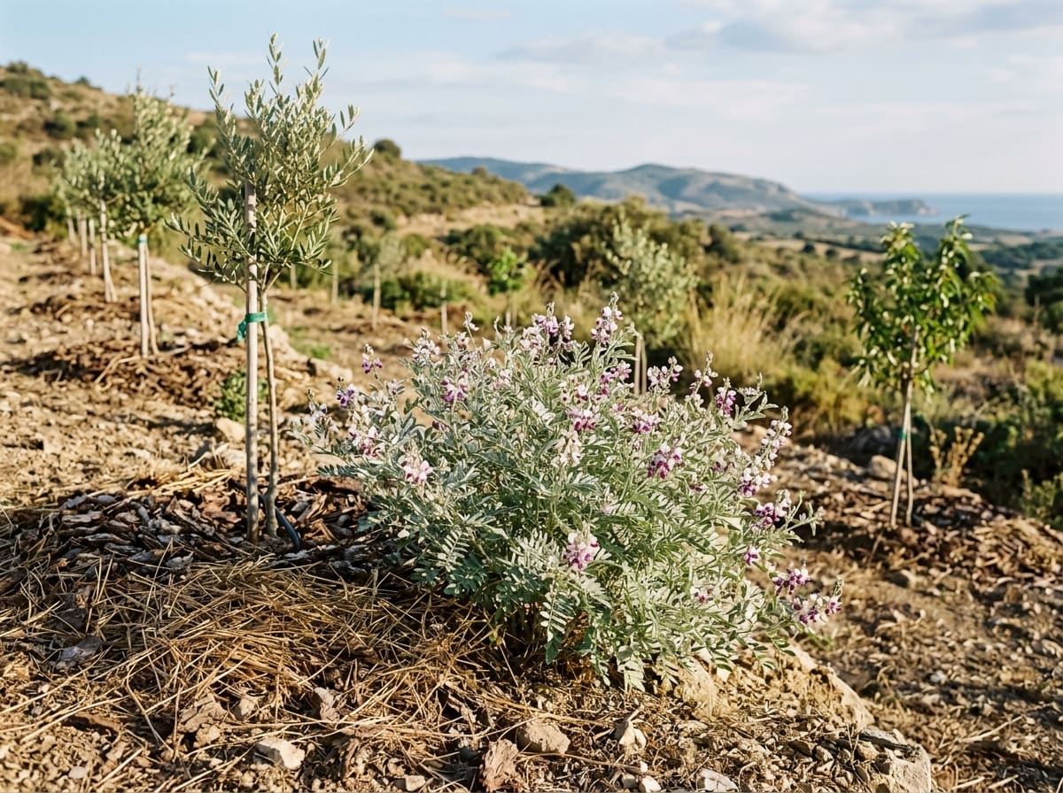 Tephrosia shrub with silvery pinnate leaves and pink-violet pea flowers between young trees on a dry slope