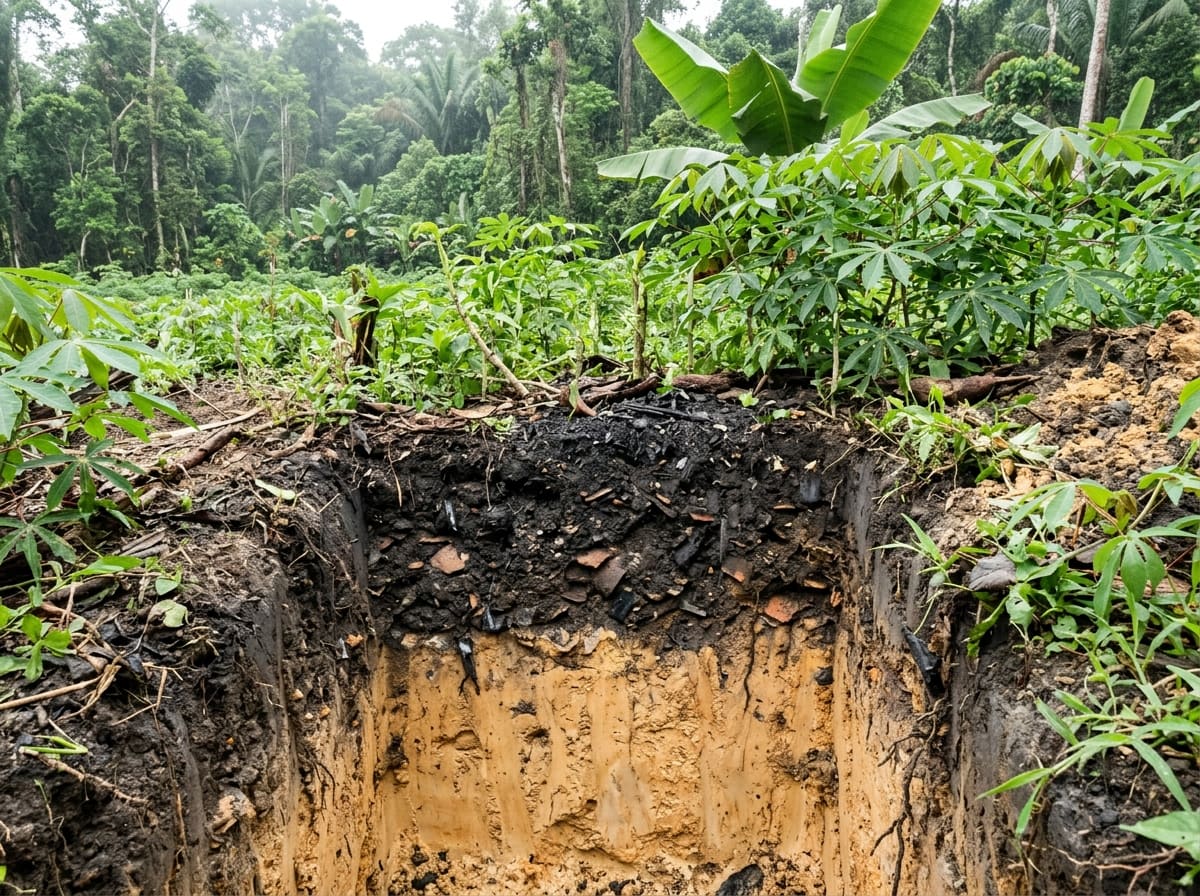 A soil profile in a manioc field by the Amazon: a deep black layer full of charcoal and pottery shards above pale subsoil