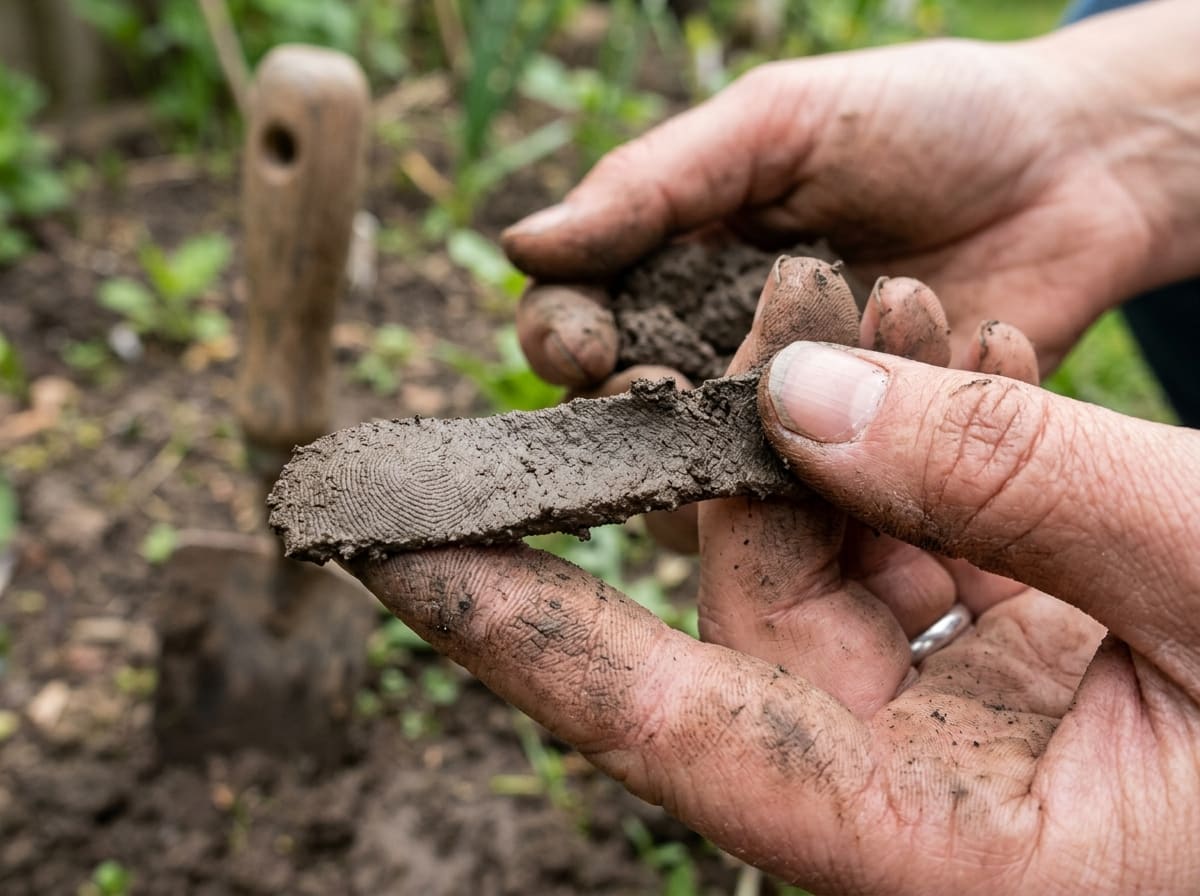 Hands pressing moist soil between thumb and fingers into a thin ribbon