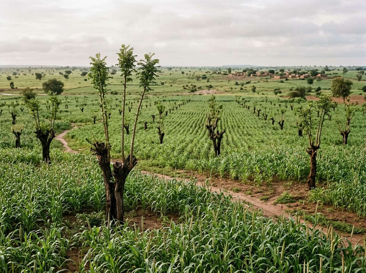 A millet field with living tree stumps from which selected shoots grow