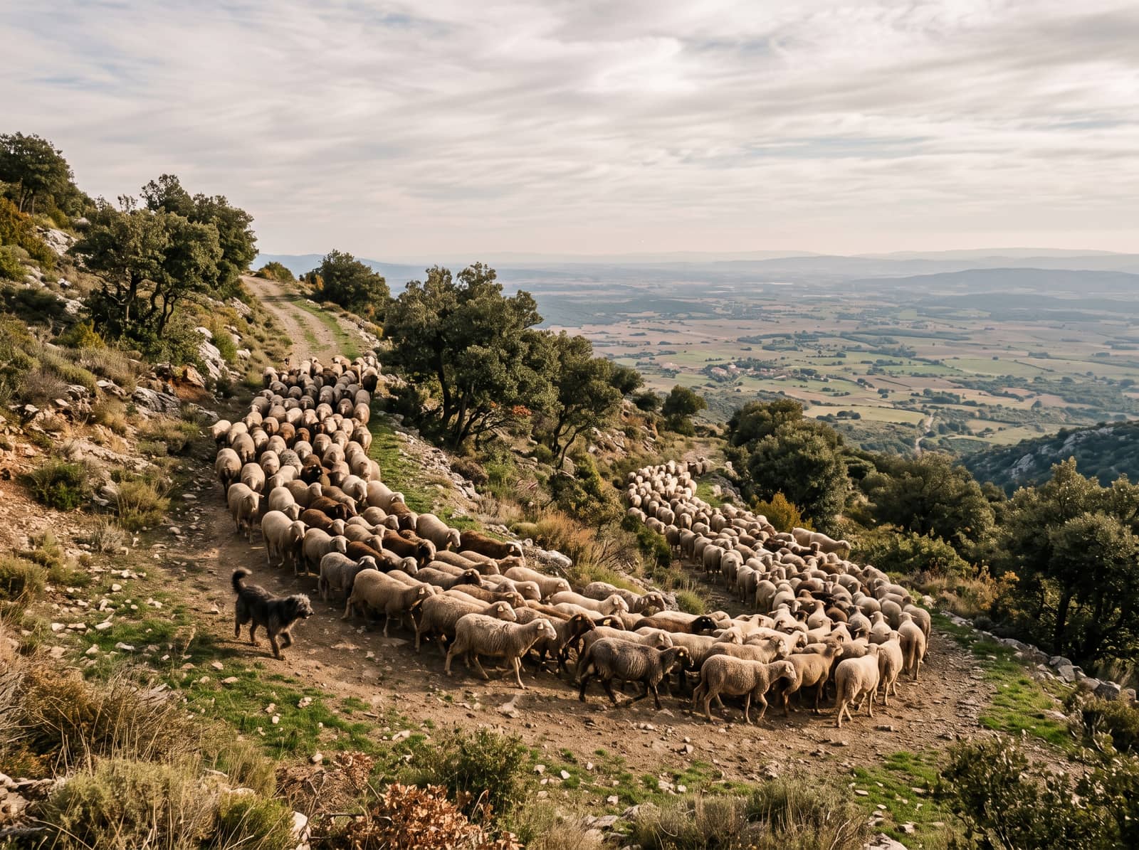 Un grande gregge di pecore con il cane da pastore scende nella luce d'autunno lungo un tratturo tra i lecci di un monte mediterraneo, sotto una vasta pianura