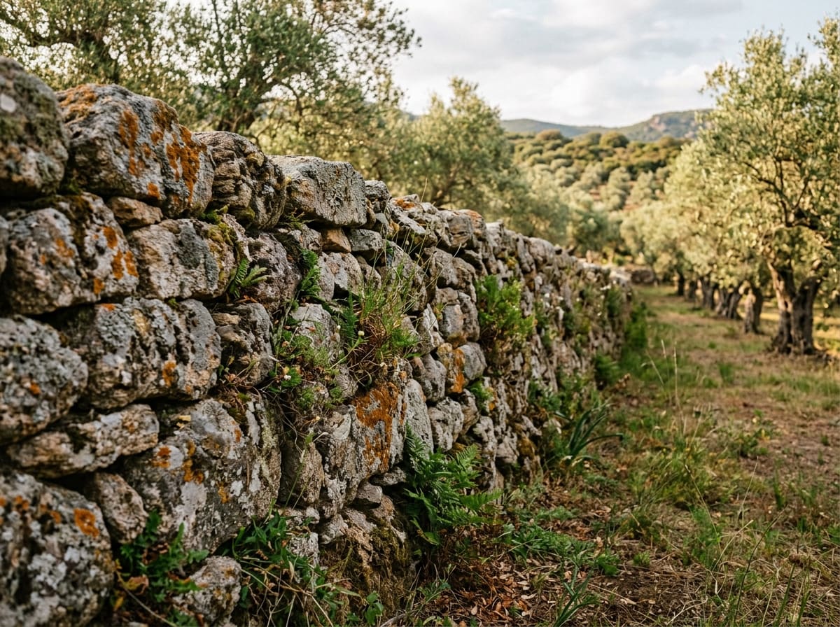 Old dry stone wall of fitted stones with lichens, beside an olive grove in Sardinia