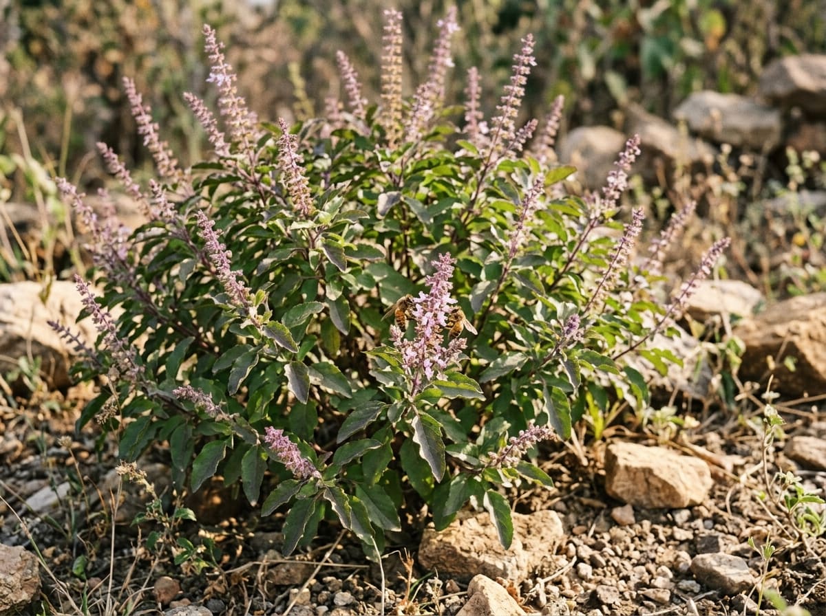 Bushy tulsi with green and purple-tinged leaves and flower spikes visited by a bee