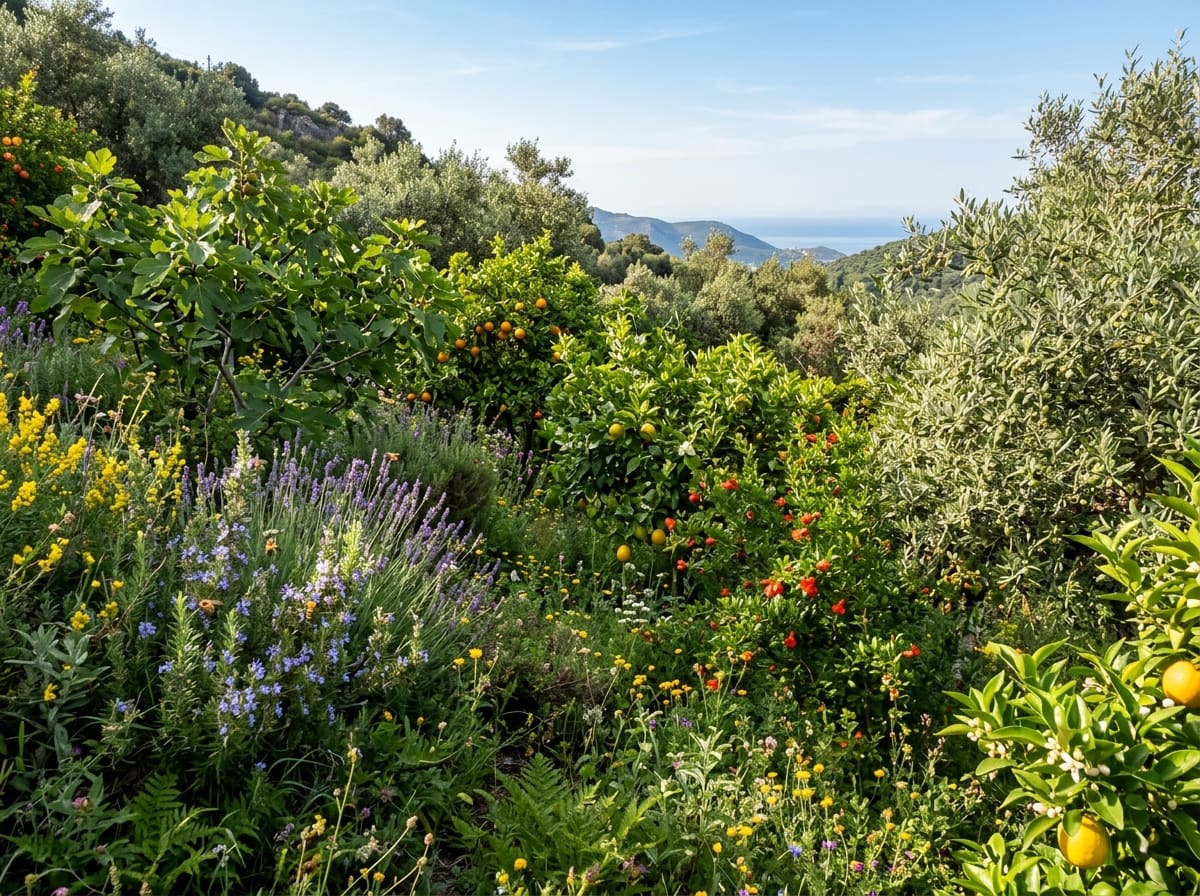 Multi-layered Mediterranean polyculture with fig, citrus, olive, pomegranate and flowering herbs