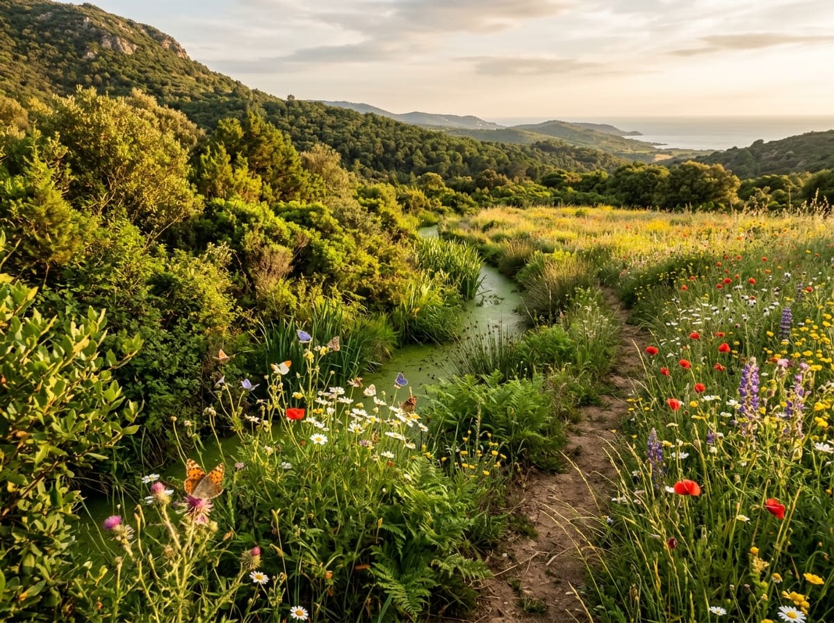Transition from dense macchia to a flowering meadow along a moist channel, with wildflowers and a butterfly at the edge